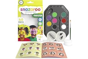 Snazaroo 1172190 zestaw do makijażu "Monster ", przyjazny dla skóry makijaż twarzy na bazie wody – 7 farb do makijażu, 1 pędzel do makijażu, 1 gąbka, 2 szablony i instrukcja krok po kroku