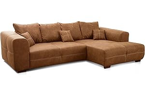 ‎CAVADORE Cavadore Ecksofa Mavericco / XXL Eckcouch Inkl. Rückenkissen und Zierkissen / Longchair rechts / Industrial Style / 285 x 69 x 170 (BxHxT) / Mikrofaser Cognac