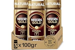 NESCAFÉ GOLD NATURAL aroma y sabor, soluble con café molido de tueste natural 100 % arábica, frasco de vidrio, Pack de 3 x 100 g, 300 gramo, 3