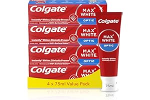 Colgate Max White Optic Toothpaste 4X75ml - Teeth Whitening Toothpaste - Clinically Proven Formula - Removes up to 100% of Surface Stains - Optic Brighteners Instantly Whiten Teeth