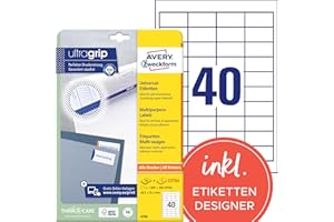 ‎AVERY ZWECKFORM AVERY Zweckform 4780 Universal Etiketten (1.000 plus 200 Klebeetiketten extra, 48,5x25,4mm auf A4, Papier matt, individuell bedruckbar, selbstklebende Aufkleber mit ultragrip) 30 Blatt, weiß