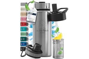 Trinkflasche Edelstahl ACTIVE FLASK + Strohhalm (3 Deckel) BPA-frei, Auslaufsicher, Kohlensäure geeignet - Wasserflasche Fahrrad Thermosflasche Isoliert Isolierflasche Sport Wasser Flasche Kinder Tee