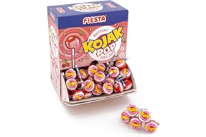FIESTA Kojak Lolipop Caramelo con Palo Sabor Cereza Relleno de Masticable de Fresa - Caja de 100 unidades
