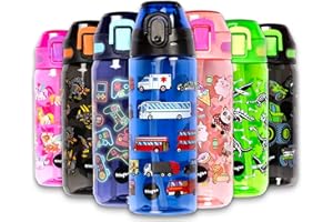 fringoo - Borraccia per bambini con cannuccia, 100% senza BPA, 600 ml, per scuola materna, bottiglia da viaggio per bambini, Bambino, Ingrandimento del traffico, 600 ml