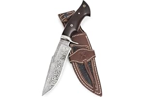 BIGCAT ROAR Leopard Hunter - Cuchillo Caza Grande Acero Damasco Artesano 30,5 cm - Mango Madera de Nogal y Funda Cuero - EDC Bushcraft, Monte, Campo y Supervivencia - Regalo Cazadores Coleccionistas