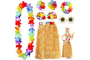 DTXYBC 7 Stück Hawaii Party Kostüm Set, Hawaiian Gras Rock Sets mit Halskette Armbänder Stirnband Blume BH und Ananas Sonnenbrille für Beachparty Deko Cheerleading Ostern