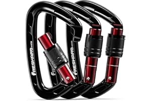 FresKaro UIAA Certified 25KN Screw Locking Climbing Carabiner Clips, mosquetones de Alta Resistencia para Escalada en Roca, Rappel y montañismo, en Forma de D, tamaño Grande, Negro