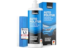 PRINOX Profi Autopolitur 500ml inkl. Polierschwamm für alle Lacke - Schwarz, Weiß, Buntlacke, Metalliclacke I Auto Politur mit Nanoversiegelung zum Kratzer entfernen - Made in DE
