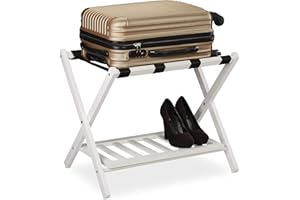 Relaxdays Porte-Valise Pliant, Bois, H x L x P : 54,5 x 66 x 44,5 cm, 2 étagères, Repose Bagages hôtel, Blanc