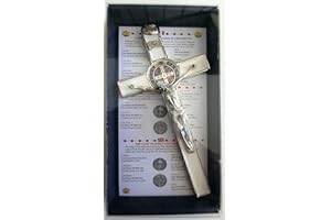 GTBITALY 10.004.11 CROCE ARGENTO BIANCA SAN BENEDETTO 20 CM SMALTATA CON SCATOLA BOX GIFT ESORCISMO PRETE ESORCISTA SACERDOTE SUORA CHIESA