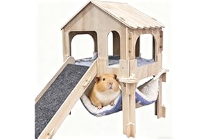 EYKSTA Large Wooden Guinea Pig House with Ramp Hammock and Pad, Convertible 2-Story Hideout for Guinea Pig Rabbit Hamster Chinchilla
