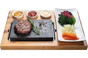 BEEFSTONE Lavastone Steak Board Hot Stone Steak Grill Juego de tabla de bambú Lavastone y plato de porcelana incl. salsera, sin grasa y sin aceite: bistec a la parrilla, carne, pescado en piedr
