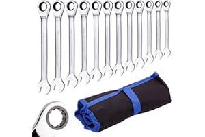 Qnkaa Ratchet Spanner Set Combination Wrench 12 Piece Metric Sizes from 8mm to 19mm with Roll Bag, Perfect for Home, Bike, Car Repairs