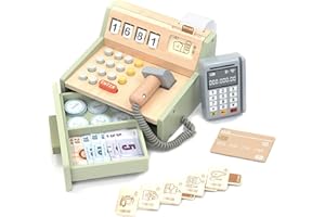 UMU® Cassa per bambini in legno - scanner, terminale di pagamento, denaro, negozi di masticazione e accessori per gioco di ruolo, da 3 a 6 anni