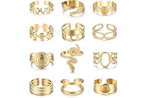 FIOROYAL 12 Pièces Bague Femme Acier Inoxydable Plaquées 𝐎𝐫 𝟏𝟖𝐊 Bagues Boho Bague Minimaliste Bague Empilables Ouvert Serpent Bague Reglable Or Argent Bague Femme
