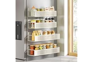 SONGMICS Étagère à Épices Magnétique, Lot de 4, 2 Grandes et 2 Petites Étagères, Organiseur de Cuisine sans Perçage, pour Cuisine, Réfrigérateur, Micro-ondes, Machine à laver, Blanc Crème KCS061W01