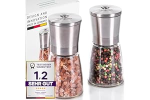 freegreen® GERMANY Salz und Pfeffermühle 2er Set [14cm] mit verstellbarem Keramik-Mahlwerk I Salzmühle I Gewürzmühle I Chilimühle I [Ohne Gewürzinhalt] I Küchenhelfer I Geschenkidee I Inkl. Kochbuch