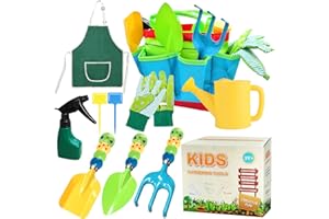 YORFULL Kit de herramientas de jardinería para niños, juego de jardinería para niños, 10 piezas para pala, rastrillo, rociador, regadera, delantal, guantes de jardín y bolsa para el transporte