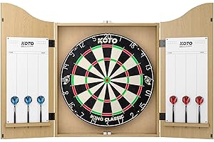 KOTO DARTS KOTO – Cabinet de Dardos de Madera Roble, Dartbord + Darts Set Completa con 2 Sets de Flechas, Línea Oche y Soporte, Mueble Elegante para Casa o Sala de Juegos