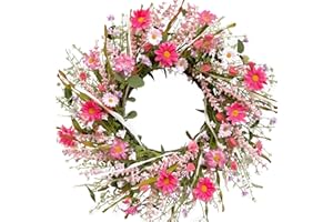 CIR OASES 22-inch Spring Pink wreath Artificial Pink Daisies Flowers Green Leaf wreath Spring Summer Front porch Window Decoration Wedding Party Holiday decoration
