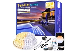 TENDIST Ruban Led Exterieur Etanche Blanc Froid à Blanc Chaud Graduable, 24V Wifi Bande Led Blanc Compatible Alexa Pour Le Lumiere Led Cuisine Extérieure, Les Piscine, Jardin (15m-IP67, 3000K-6500K)
