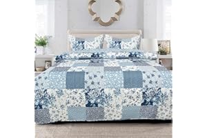 B&B Super King Size Quilt Bedspread Throw Quilted Patchwork Comforter 3 Piece Bedding Set + 2 Pillow Cases for Girls Bedroom Decor - 100% Cotton Warm Blanket (ICE BLUE FLORAL(Des 6)