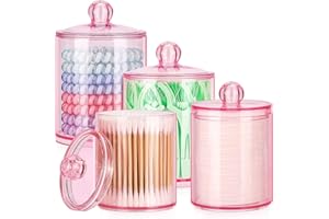 Tbestmax 12 oz & 10 oz Qtip Holder - 4 Pack Restroom Bathroom Organizers and Storage Containers, Pink Plastic Apothecary Jars with Lids for Cotton Swab, Cotton Round Pads, Floss