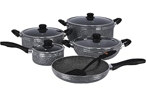 Delcasa 10 pcs Non-Stick Cookware Set With Granite Coating, Dc1889 | Aluminium Body | Tempered Glass Lid | Bakelite Handle | Dishwasher-Safe grey color