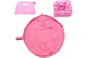 THE FLAT LAY CO. Flat Lay Makeup Bag with Compartments - Full-Size Magic Cosmetic Pouch Bag Drawstring with Brush Holder & Zipper Pocket for Small Items & Toiletries - Pink Leather Monochrome