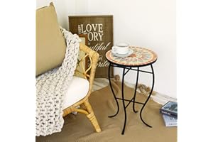 VONLUCE Mesa Auxiliar de Mosaico 36CM de Diámetro y 55CM de Alto Mesita de Mosaico de Plantas con Tabla Cerámica Mesa Auxiliar Redonda para Jardín, Balcón y Patio