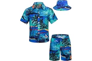 TUNEVUSE Kleine und große Jungen hawaiianisches Hemd und kurzes Set, Sommer Bedruckte Kinder Cabina Set mit Hüten