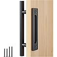 FaithLand 12" Heavy Duty Pull and Flush Door Handle Set in Black, Sliding Barn Door Handle - Fit Doors Up to 2 3/8''