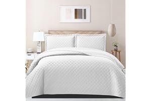 PHP Bedspread Bed Throws for Bedroom Decor - Decorative Embossed Diamond Check Pattern Quilted Fabric Reversible Quilt Bedspreads Coverlets with Pillow Cases (Super King, White)