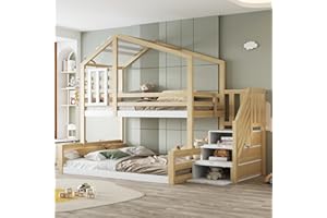 Gegtuon Etagenbett Bett 90x200 & 140x200 cm, Kinderbett Hochbett mit Stauraum Treppe und Dach, Hausbett Holzbett Bettgestell mit Fenster, Bett mit Lattenrost und Rausfallschutz, ohne Matratze, Natur