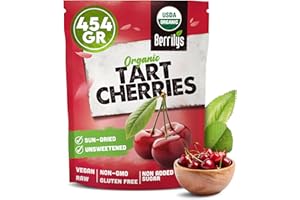 Berrilys Organic Dried Cherries, 454 gr, Sour, Tart, Pitted, Unsweetened, No Added Sugar, Dried Fruit without Pits, Non-GMO, Unsulfured, Vegan, Raw