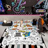 Gamer Bedding Set Graffiti Multicolor, Gamer Bedding Set for Gamer Controller, Teens and Kids, Youth Room Decor, 3 Pieces,