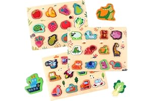 SHUCHING Wooden Chunky Puzzles, 3 Piece Wooden Baby Toddler Peg Puzzles, Fine Motor Skills, Montessori Shape Sorter Toys, Great Gift for Girls and Boys-Animal Vehicle Fruit