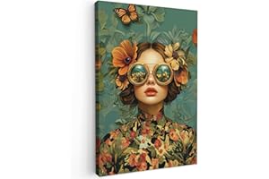 MuchoWow© Bild auf Leinwand Groß 80x120 cm XXL Schlafzimmer Bilder Badezimmer Wand Deko Wohnzimmer Modern Wanddeko Bilderwand Geschenk Frau - Blumen - Schmetterlinge - Natur - Vintage