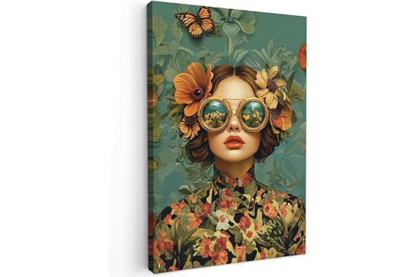 MuchoWow© Impressions sur Toile 60x90 cm Deco Tableau Murale Decoration Salon Peinture Tableaux Chambre Toiles Maison Femme - Fleurs - Papillons - Nature - Vintage