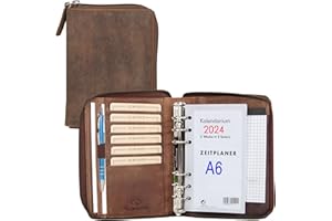ALMADIH Agenda in pelle A6 con cerniera Portadocumenti Calendario 2024 Marrone Vintage Cartella Portablocco Organizer Porta Documenti Conferenza Anelli + Block Notes Cartellina Organizzatore