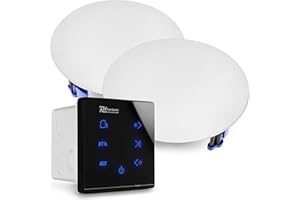Power Dynamics Powerline A50BSET Kit Amplificateur 2X 20 Watts avec Enceintes de Plafond Blanches, Bluetooth, USB et Micro SD, Écran Tactile, Livré avec Télécommande