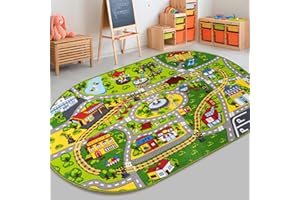 Booooom Jackson Alfombra Infantil Carretera Coche,Alfombras de Juegos Antideslizante Lavables,Alfombras Infantiles para Jugar, Alfombras de Habitacion Salon,Alfombra de Carretera y Tren para Niños