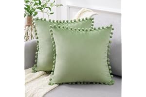 Topfinel Poszewka na poduszkę 40 x 40 cm, szałwiowa, aksamitna, dekoracyjna, boho, z pomponami, na sofę, do salonu, pokoju dziecięcego