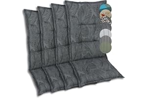 GO-DE Textil Bequeme und attraktive Polsterauflagen für Hochlehner-Gartenstühle (4er-Set, Blätter Anthrazit, Hochlehner)