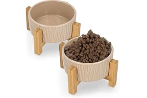 Navaris Ciotole per Cani e Gatti - 2 Ciotoline in Ceramica Rialzate con Supporti in bambù per Animali Domestici - Scodella Rialzata per Cane e Gatto