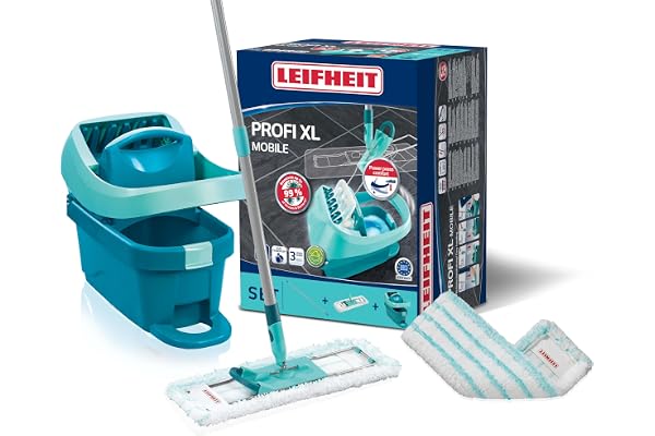 Leifheit Kit Profi XL Essore-housse avec Roulettes et Lave-Sol, housse de rechange incluse, seau et balais-serpillère simples à utiliser avec mécanisme d'essorage intégré