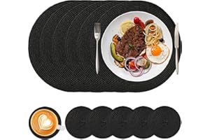 HNVNER Black Round Placemats and Coaster Set of 6, Woven Table Mats Washbale Heat Resistant Place Mats for Dining Table
