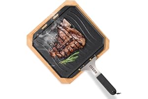 MILLARCO cozze - Wendbare Gusseisenpfanne mit Bambustablett, 33x33 cm – Perfekt für Fleisch, Fisch & Gemüse, Abnehmbarer Griff, LFGB-zertifiziert