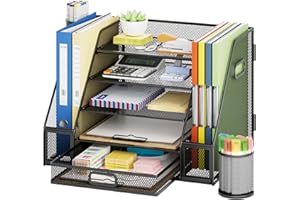 Marbrasse Organizer na Biurko,5-Poziomowy Organizer na Listy Z Szufladą, 2 Uchwyty na DłUgopisy,Siatkowy Organizer na Biurko Akcesoria,Przechowywania ArtykułóW Biurowych w Domu (Dwustronny)