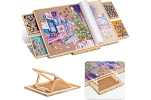 Tektalk Jigsaw Puzzle Table with Integrated Adjustable Stand/Bracket and Removable Cover, 3-Tilting-Angle Wooden Plateau Portable Puzzle Board with 4 Sorting Drawers, for Up to 1000 Pieces